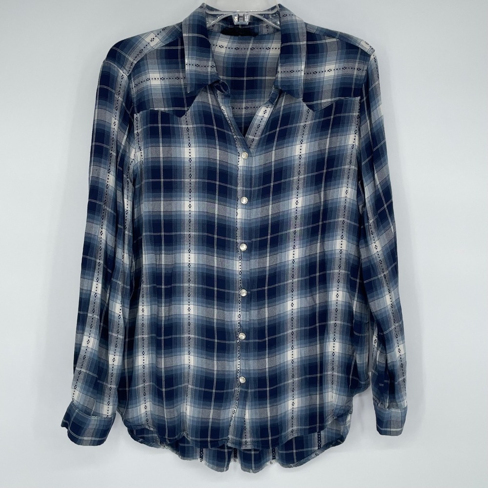 Jane + Delancey Womens Blue Plaid Embroidered Western Rayon Button Down Shirt L